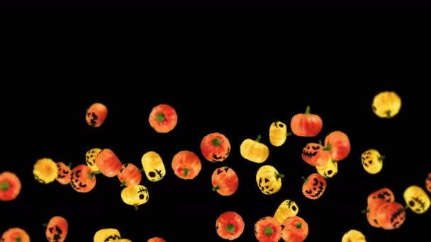 Volando Muchas Calabazas Naranjas Amarillas Sobre Fondo Negro Caras Dibujos — Vídeos de Stock