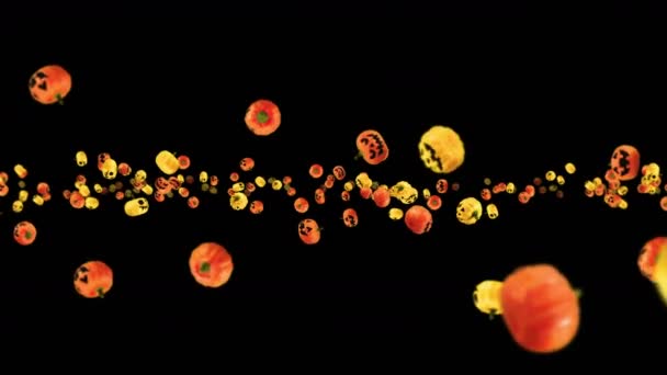 Volando Muchas Calabazas Naranjas Amarillas Sobre Fondo Negro Caras Dibujos — Vídeos de Stock