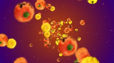 Bir sürü turuncu ve sarı balkabağı uçuruyordu. Mezuniyet geçmişi. Gülen karikatür yüzleri. Cadılar Bayramı için 3 boyutlu animasyon. Döngü canlandırması.