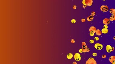 Bir sürü turuncu ve sarı balkabağı uçuruyordu. Mezuniyet geçmişi. Gülen karikatür yüzleri. Cadılar Bayramı için 3 boyutlu animasyon. Döngü canlandırması.