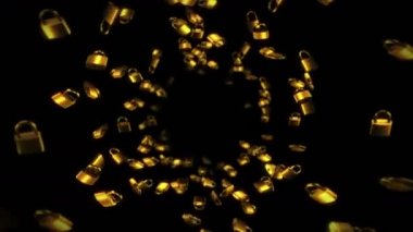 Siyah arka planda bir sürü altın asma kilit uçuruyor. Güvenlik ya da gizli koruma kavramı. Dönen asma kilitlerin 3 boyutlu animasyonu. Döngü canlandırması.