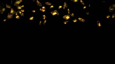 Siyah arka planda bir sürü altın asma kilit uçuruyor. Güvenlik ya da gizli koruma kavramı. Dönen asma kilitlerin 3 boyutlu animasyonu. Döngü canlandırması.