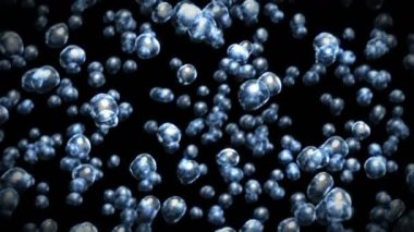 Siyah zeminde çok fazla su damlası uçurmak. Saf damlacıklar. Şeffaf yüzey. Dönen hava kabarcıklarının 3 boyutlu animasyonu. Döngü canlandırması.