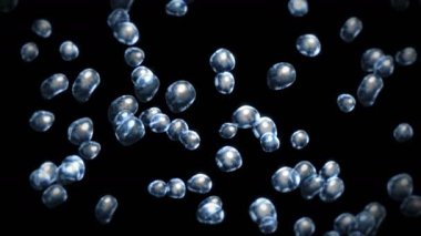 Siyah zeminde çok fazla su damlası uçurmak. Saf damlacıklar. Şeffaf yüzey. Dönen hava kabarcıklarının 3 boyutlu animasyonu. Döngü canlandırması.