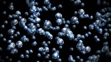 Siyah zeminde çok fazla su damlası uçurmak. Saf damlacıklar. Şeffaf yüzey. Dönen hava kabarcıklarının 3 boyutlu animasyonu. Döngü canlandırması.