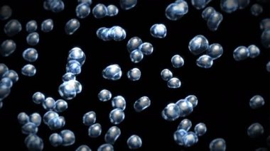 Siyah zeminde çok fazla su damlası uçurmak. Saf damlacıklar. Şeffaf yüzey. Dönen hava kabarcıklarının 3 boyutlu animasyonu. Döngü canlandırması.