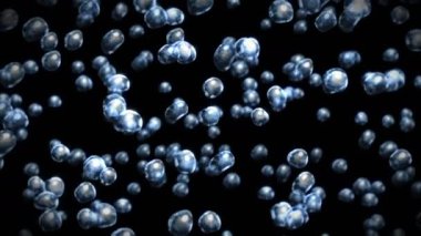 Siyah zeminde çok fazla su damlası uçurmak. Saf damlacıklar. Şeffaf yüzey. Dönen hava kabarcıklarının 3 boyutlu animasyonu. Döngü canlandırması.