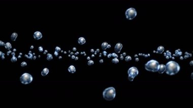 Siyah zeminde çok fazla su damlası uçurmak. Saf damlacıklar. Şeffaf yüzey. Dönen hava kabarcıklarının 3 boyutlu animasyonu. Döngü canlandırması.