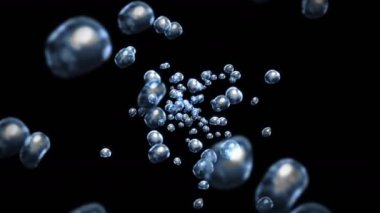 Siyah zeminde çok fazla su damlası uçurmak. Saf damlacıklar. Şeffaf yüzey. Dönen hava kabarcıklarının 3 boyutlu animasyonu. Döngü canlandırması.