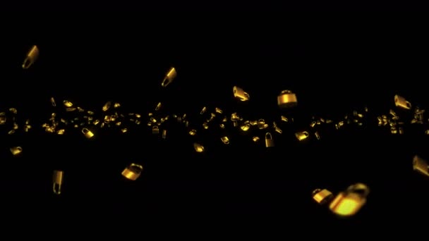 Vliegen Veel Gouden Hangsloten Zwarte Achtergrond Beveiliging Geheim Beschermingsconcept Animatie — Stockvideo