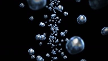 Siyah zeminde çok fazla su damlası uçurmak. Saf damlacıklar. Şeffaf yüzey. Dönen hava kabarcıklarının 3 boyutlu animasyonu. Döngü canlandırması.