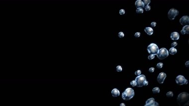 Siyah zeminde çok fazla su damlası uçurmak. Saf damlacıklar. Şeffaf yüzey. Dönen hava kabarcıklarının 3 boyutlu animasyonu. Döngü canlandırması.