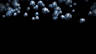 Siyah zeminde çok fazla su damlası uçurmak. Saf damlacıklar. Şeffaf yüzey. Dönen hava kabarcıklarının 3 boyutlu animasyonu. Döngü canlandırması.