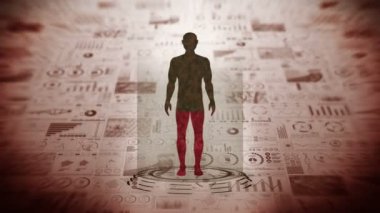 İnsan ve Dünya. Tıbbi hologram döngü animasyonu. Sanal insan vücudu. Dünya kırmızıya boyanacak ve iyileşecek. Enfeksiyon salgını. Salgın sona erdi. Hastalık ve Sağlık.