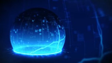 Dijital küreyi çatlamış zeminden göster. Küre kalkanının yarısı. Koruma ve güvenlik kavramı. Şeffaf enerji gücü. Bariyer kubbesi. Döngü canlandırması.