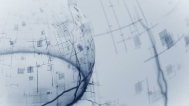 Dijital küreyi çatlamış zeminden göster. Küre kalkanının yarısı. Koruma ve güvenlik kavramı. Şeffaf enerji gücü. Bariyer kubbesi. Döngü canlandırması.