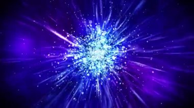 Yanıp sönen parçacıklarla parıldayan lüks ışıklar. Parlak vintage döngü animasyonu. Dairesel. Altıgen. Doğrusal. Ekran dekorasyonu konsepti. Mavi ve mor.