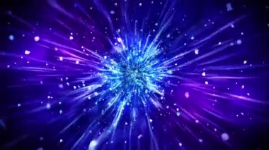 Yanıp sönen parçacıklarla parıldayan lüks ışıklar. Parlak vintage döngü animasyonu. Dairesel. Altıgen. Doğrusal. Ekran dekorasyonu konsepti. Mavi ve mor.