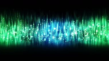 Yanıp sönen parçacıklarla parıldayan lüks ışıklar. Parlak vintage döngü animasyonu. Dairesel. Altıgen. Doğrusal. Ekran dekorasyonu konsepti. Yeşil ve mavi.