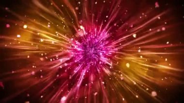 Yanıp sönen parçacıklarla parıldayan lüks ışıklar. Parlak vintage döngü animasyonu. Dairesel. Altıgen. Doğrusal. Ekran dekorasyonu konsepti. Kırmızı ve sarı.