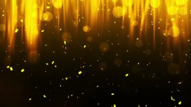 Düşen parlak altın konfeti. Altın renginden parlak bir parıltı. Siyah arka planda Bokeh ışıkları. Parlayan dalgaların tasarımı. Döngü animasyonu. Metin için alanı kopyala.