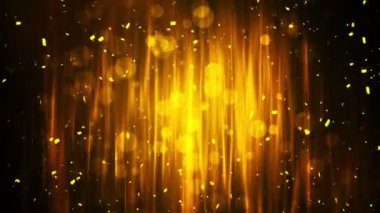 Düşen parlak altın konfeti. Altın renginden parlak bir parıltı. Siyah arka planda Bokeh ışıkları. Parlayan dalgaların tasarımı. Döngü animasyonu. Metin için alanı kopyala.