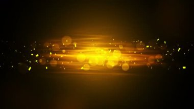 Düşen parlak altın konfeti. Altın renginden parlak bir parıltı. Siyah arka planda Bokeh ışıkları. Parlayan dalgaların tasarımı. Döngü animasyonu. Metin için alanı kopyala.