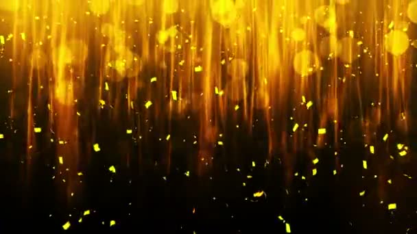 輝く黄金のコンフェッティ 金色の明るいお祝いのティンセル 墨色は黒を基調としている 輝く波のデザイン ループアニメーション テキストのコピースペース — ストック動画