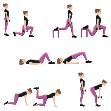 Beş vektör çizimler glute egzersizleri ve egzersiz programı kümesi. Vektör çizimler, lunges, kalça bindirmeler, Bulgar ağız kavgası, dört ayaklı kalça uzantıları ve deadlifts bölün. Gölgeler ile.