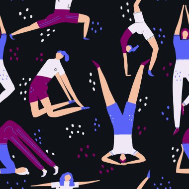 Yoga deseni ile vektör dikişsiz desen. Yoga düz tarzda illüstrasyon pozlar.