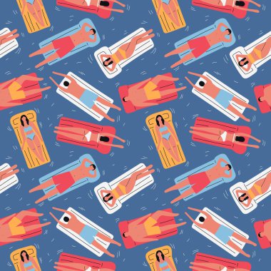 Şişme matraşlar sorunsuz desen ile havuzda insanlar. Vektör düz illüstrasyon