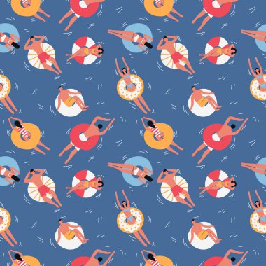 Şişme daireler sorunsuz desenli havuz yüzme insanlar. Düz vektör çizimi