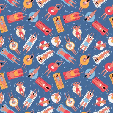 Şişme daireler ve şilteler sorunsuz desen ile havuz yüzme insanlar. Düz vektör çizimi