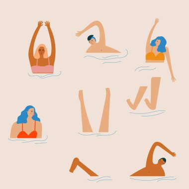 Açık arka planda Swimmimg insanlar. Düz vektör çizimi 