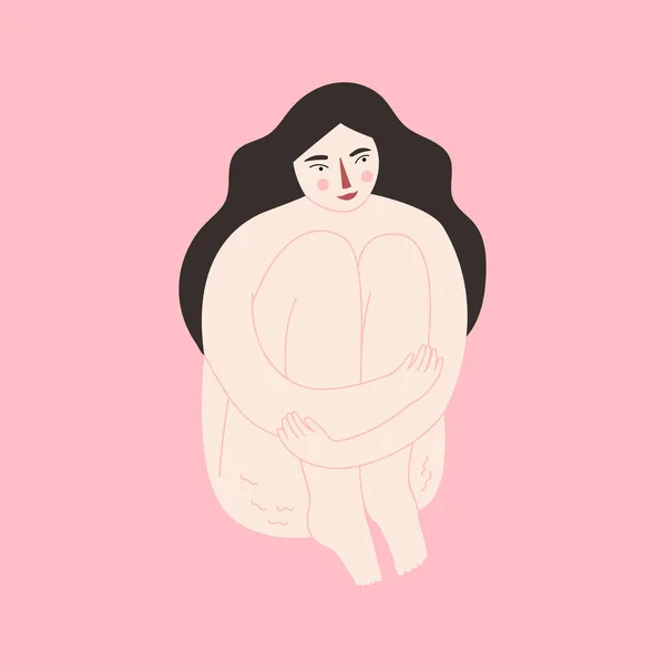 Tělo pozitivní. Pěkná ženská na růžovou backgrogu. Plochá vektorová ilustrace — Stockový vektor