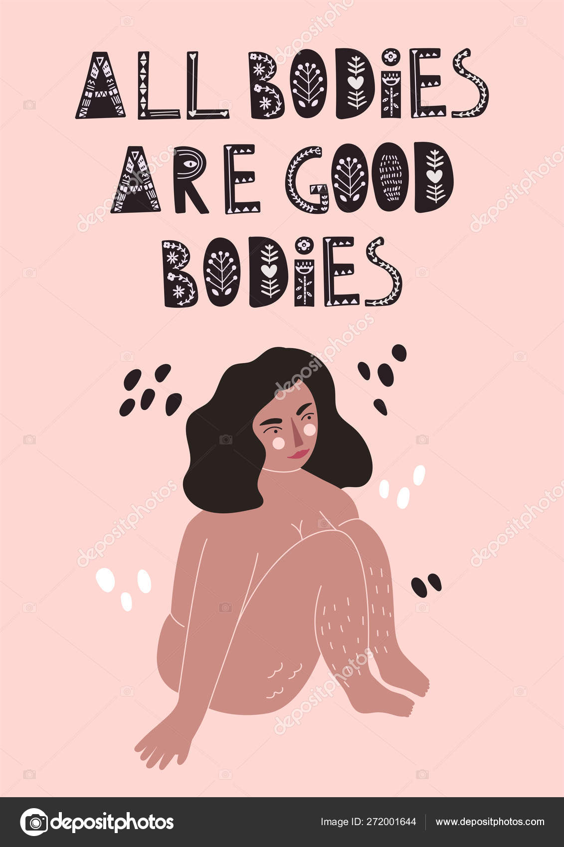 Plus Size Woman On Pink Backgroung. Flat Vector Illustration. Hand Drawn Lettering, Quote Sketch Typography. Body Positive Stock Vector Image By ©Kmeds7 #272001644