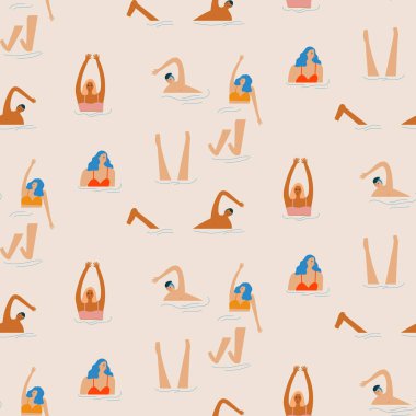 Swimmimg insanlar ışık arka plan üzerinde sorunsuz desen. Düz vektör çizimi