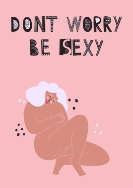 Artı pembe backgroung üzerinde boyutu kadın. Düz vektör çizimi. Elle çizilmiş harfler, alıntı kroki tipografisi. Vücut pozitif