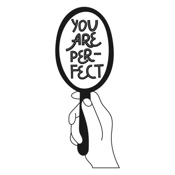 Eres perfecta. Cuerpo dibujado a mano con letras positivas. Ilustración vectorial para póster, camiseta, etc. Blanco y negro — Archivo Imágenes Vectoriales