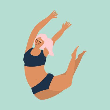 Vücut pozitif. Turkuaz backgroung üzerinde Pretty artı boyutu kadın. Düz vektör çizimi.