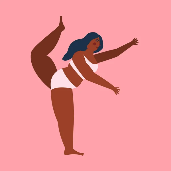 Cuerpo positivo. Bonita mujer de talla grande sobre fondo rosa. Ilustración vectorial plana . — Vector de stock