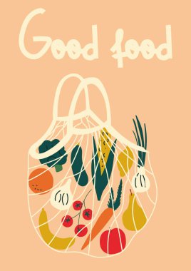 Güzel yemek. Market çantası. Sağlıklı beslenme konsepti. Banner, kartpostal, poster için vektör düz illüstrasyon