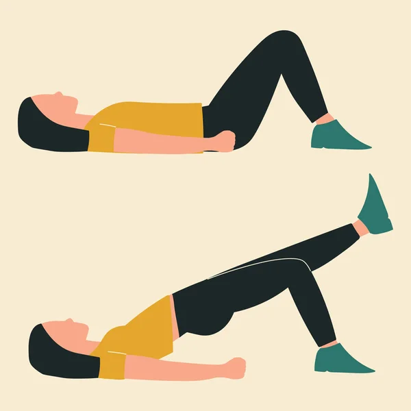 Mujer haciendo puente de cadera con extensión. Ilustraciones de ejercicios de glúteos y entrenamientos. Ilustración vectorial plana — Vector de stock