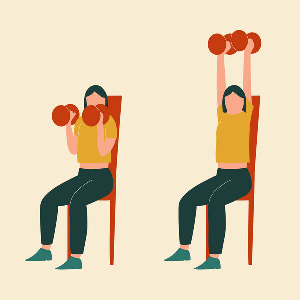 Жми на лавочку. Верхняя тренировка тела. Упражнения верхнего тела. Плоская векторная иллюстрация
