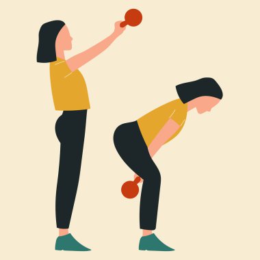 Kettlebell salıncakları yapan kadın. Kalça egzersizlerinin ve egzersizlerin çizimleri. Düz vektör illüstrasyonu