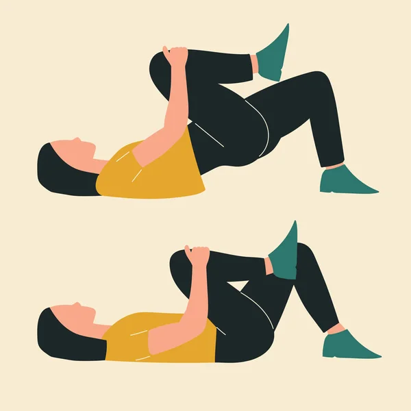 Donna che fa ginocchia tuck hip bridge. Illustrazioni di esercizi di glutine e allenamenti. Illustrazione vettoriale piatto — Vettoriale Stock