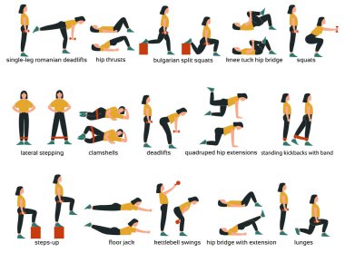 Glute egzersizleri ve egzersiz seti. Düz vektör çizimi. Başlıklar veya adlar ile Glute egzersizleri. Glute egzersizleri yapan kadın
