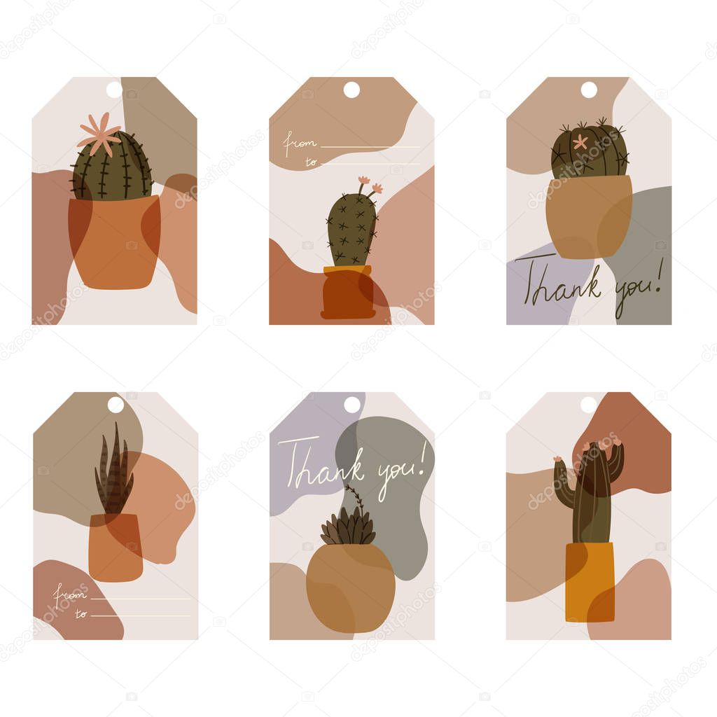 Tags with cactus. Succulent tags. Trendy vector illustration. Labels or stickers with flowers. Set of tags