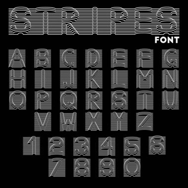 Vektör yazı tipi. Posterler, afişler, manşetler için birim yazı tipi. Çizgili yazı tipi. Çizgiler alfabe harfleri ve sayılar vektör illüstrasyon