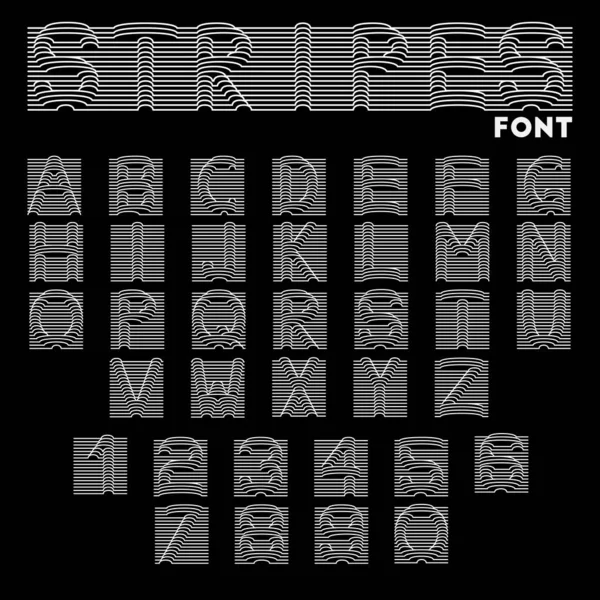 Vektör yazı tipi. Posterler, afişler, manşetler için birim yazı tipi. Çizgili yazı tipi. Çizgiler alfabe harfleri ve sayılar vektör illüstrasyon